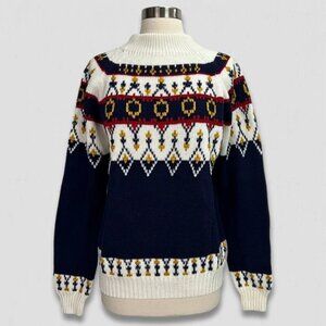 Vintage 90s JCPenney Sweater Fair Isle Ski Acrylic Mock Neck Navy Blue/White M